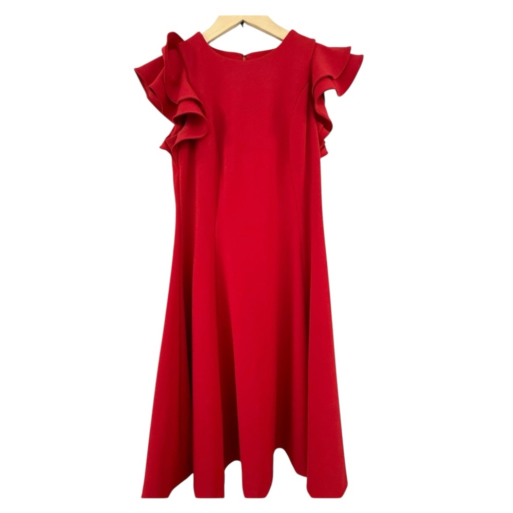 Chaps Flutter Sleeve Shift Dress Red Ruffle Sheath Midi